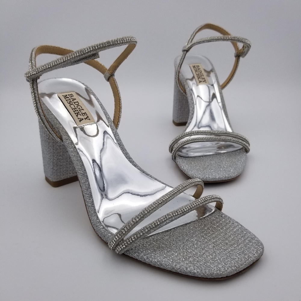 Badgley Mischka Firey Bejeweled Block Heel Sandals, Silver Glitter, Women's Sz 8